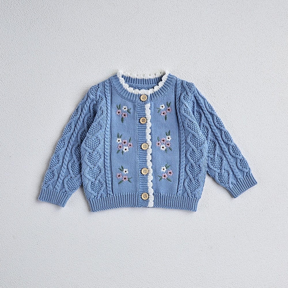 カーディガン・パーカー ベビー フラワー 花柄 刺繍 ニット カーディガン ブルー ピンク ベージュ ガールズ