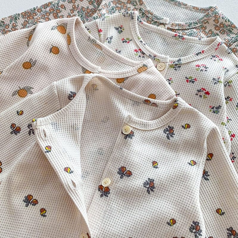 長袖ロンパース ベビー ワッフル 長袖 ロンパース レモン 洋梨 フラワー 花柄 オレンジ ユニセックス