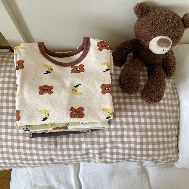 長袖セットアップ キッズ プリント 長袖 パジャマ セット くま ベア チェック フラワー ライオン 恐竜 ユニセックス