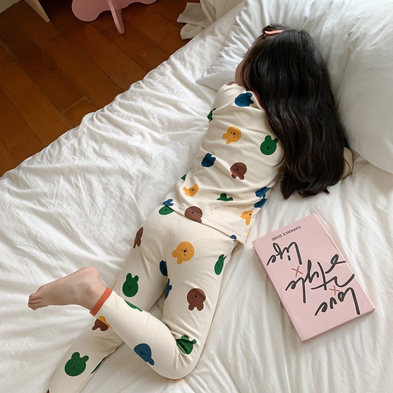 長袖パジャマ キッズ プリント 長袖 パジャマ セット くま ベア チェック フラワー ライオン 恐竜 ユニセックス