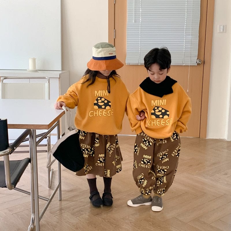 トレーナー・フーディ キッズ チーズ プリント 長袖 スウェット トレーナー スカート パンツ リンク 兄弟 姉妹 お揃い コーデ