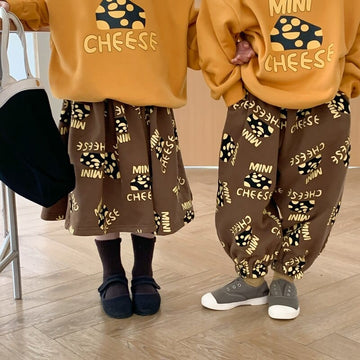 トレーナー・フーディ キッズ チーズ プリント 長袖 スウェット トレーナー スカート パンツ リンク 兄弟 姉妹 お揃い コーデ