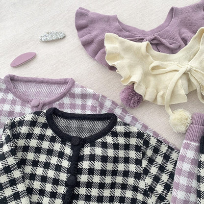 長袖セットアップ ベビー キッズ チェック セットアップ ニット セーター フリル ショートパンツ つけ襟 セット ブラック パープル ガールズ