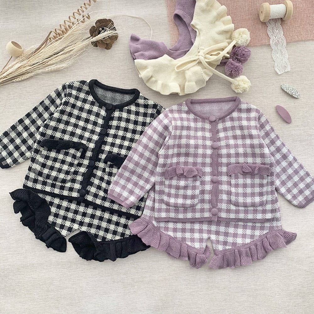 長袖セットアップ ベビー キッズ チェック セットアップ ニット セーター フリル ショートパンツ つけ襟 セット ブラック パープル ガールズ