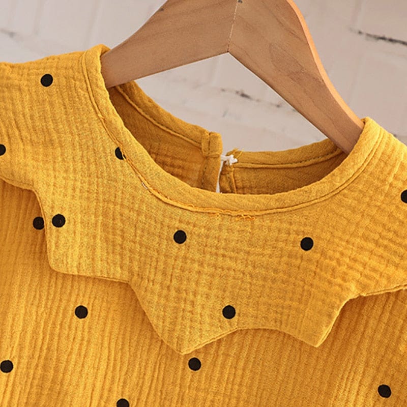 長袖セットアップ ベビー キッズ セットアップ 水玉 ドット フリルカラー 長袖 ブラウス シャツ デニム オーバーオール ロンパース イエロー ホワイト ガールズ