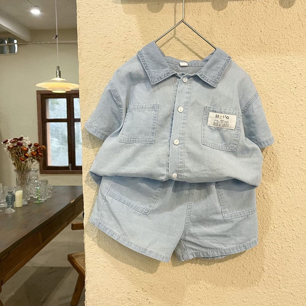 半袖ワンピース キッズ デニム ボーイズ セットアップ 半袖 シャツ ショートパンツ ガールズ 半袖シャツ ワンピース リンク 兄弟 姉妹 お揃い コーデ