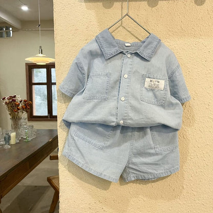 半袖ワンピース キッズ デニム ボーイズ セットアップ 半袖 シャツ ショートパンツ ガールズ 半袖シャツ ワンピース リンク 兄弟 姉妹 お揃い コーデ