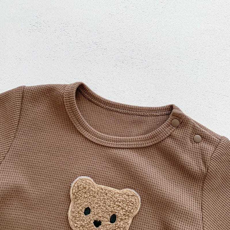 半袖ロンパース ベビー くま ベア ワッフル 半袖 ロンパース ジャンプスーツ ボンネット 耳帽子 セット ベージュ コーヒーブラウン ユニセックス