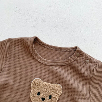 半袖ロンパース ベビー くま ベア ワッフル 半袖 ロンパース ジャンプスーツ ボンネット 耳帽子 セット ベージュ コーヒーブラウン ユニセックス