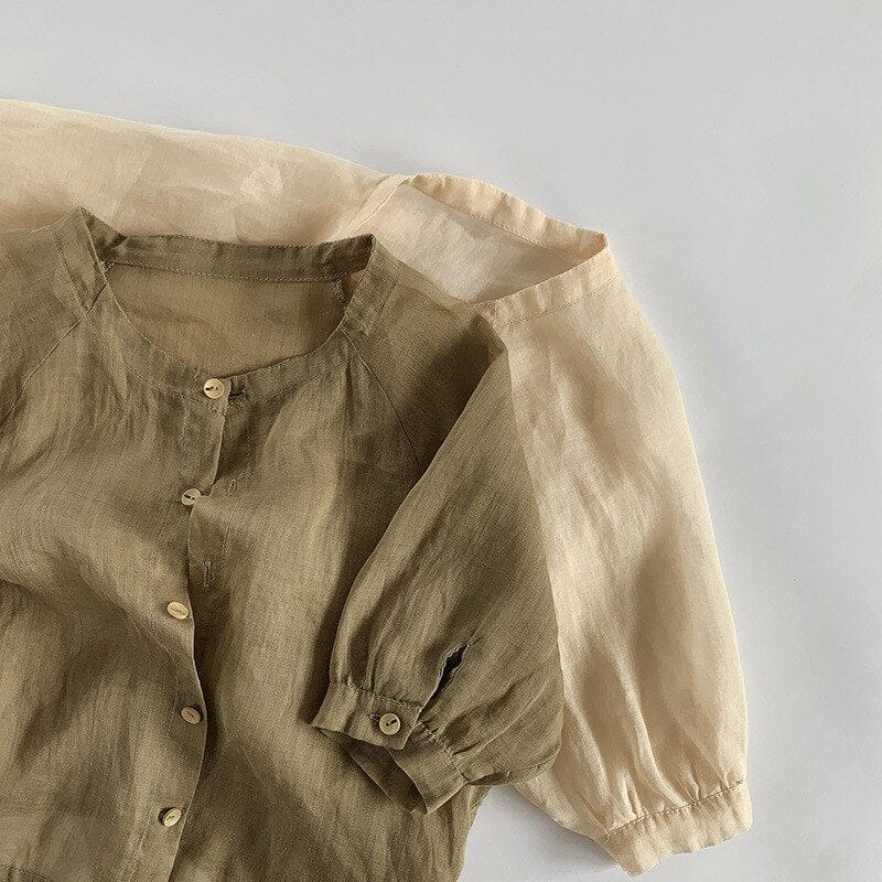 長袖シャツ・ブラウス キッズ コットンリネン 長袖 薄手 ルーズ シャツ ブラウス 日除け クーラー対策 アプリコットベージュ カーキグリーン ユニセックス