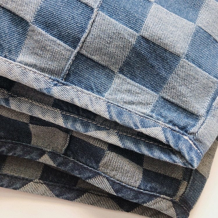 ハーフパンツ・ショートパンツ キッズ チェッカー チェック デニム ショートパンツ ライトブルー ダークブルー ボーイズ