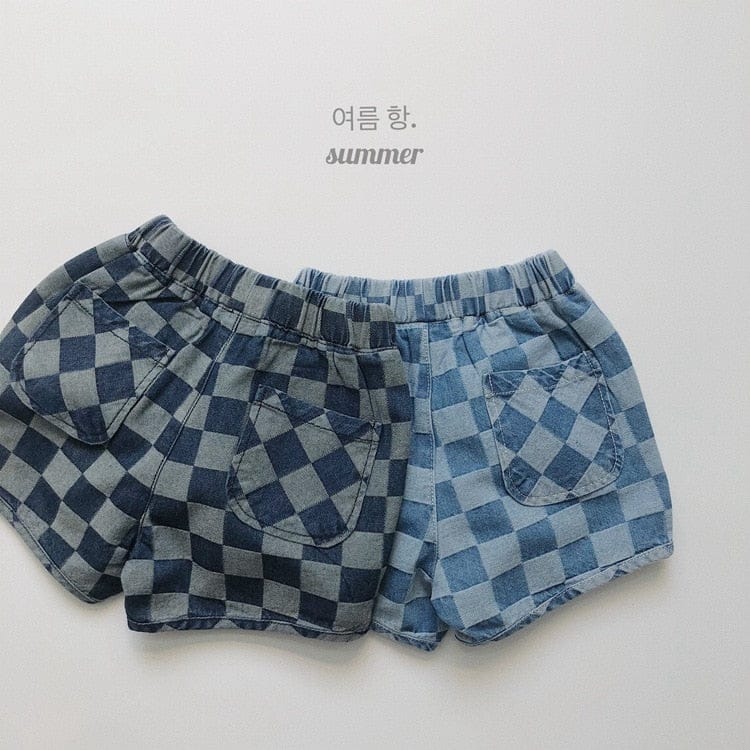 ハーフパンツ・ショートパンツ キッズ チェッカー チェック デニム ショートパンツ ライトブルー ダークブルー ボーイズ