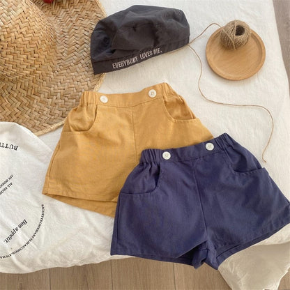 ハーフパンツ・ショートパンツ キッズ シンプル ベーシック ダブルボタン ルーズ ショートパンツ イエロー ネイビーブルー ユニセックス