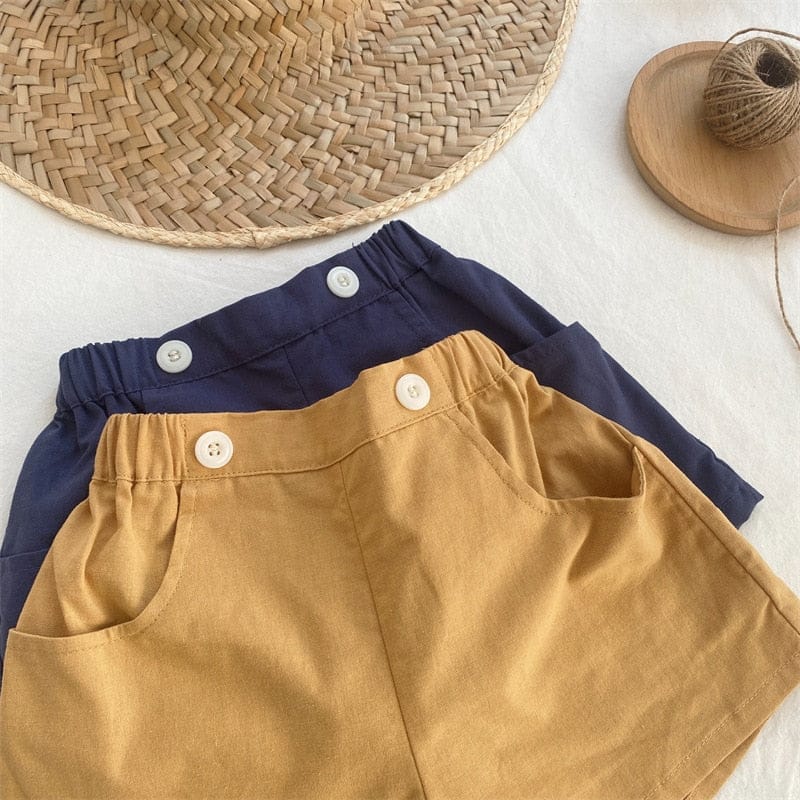 ハーフパンツ・ショートパンツ キッズ シンプル ベーシック ダブルボタン ルーズ ショートパンツ イエロー ネイビーブルー ユニセックス