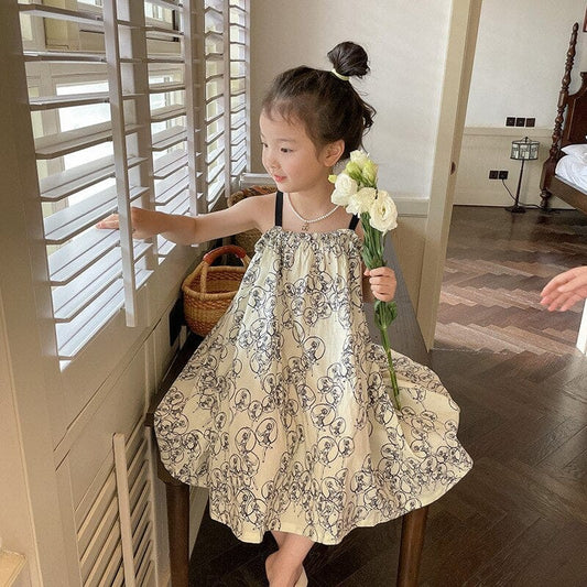 ノースリーブワンピース キッズ プリント キャミソール ビーチ サマードレス ワンピース ベージュ ガールズ
