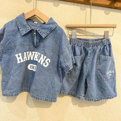 半袖セットアップ ☺︎ キッズ デニム セットアップ レターロゴ プリント 半袖 ハーフジップ シャツ トップス ショートパンツ ブルー ボーイズ