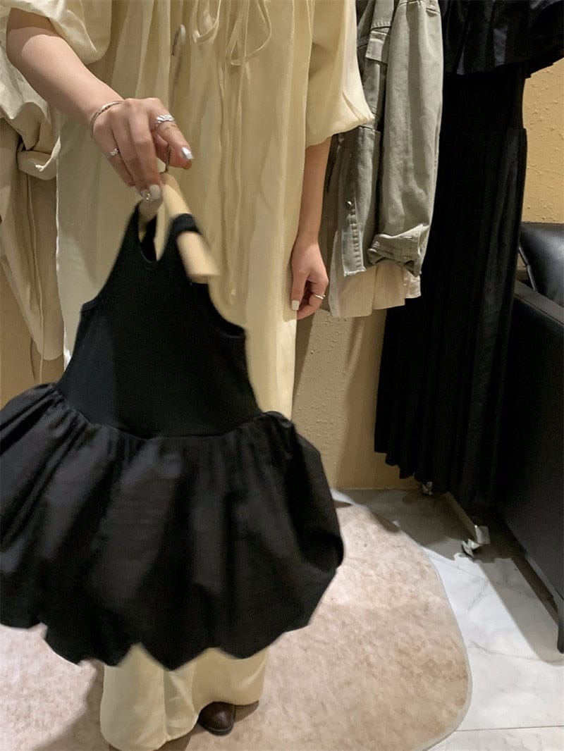 ノースリーブワンピース キッズ ノースリーブ バッククロス バルーンスカート ワンピース サマードレス ブラック ガールズ