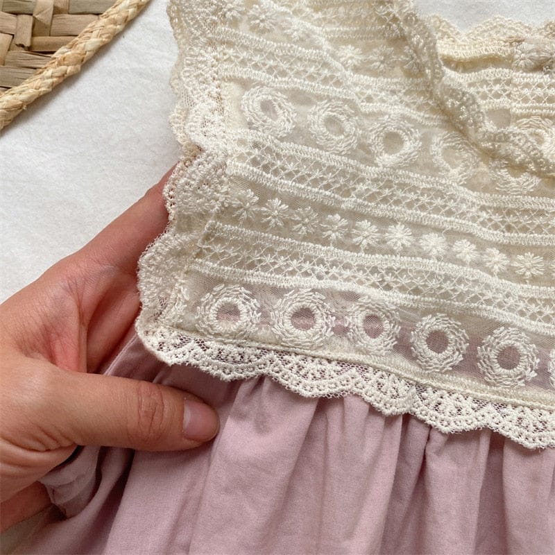 ノースリーブワンピース キッズ フラワー 刺繍 レース ドッキング ノースリーブ ワンピース ピンク ガールズ