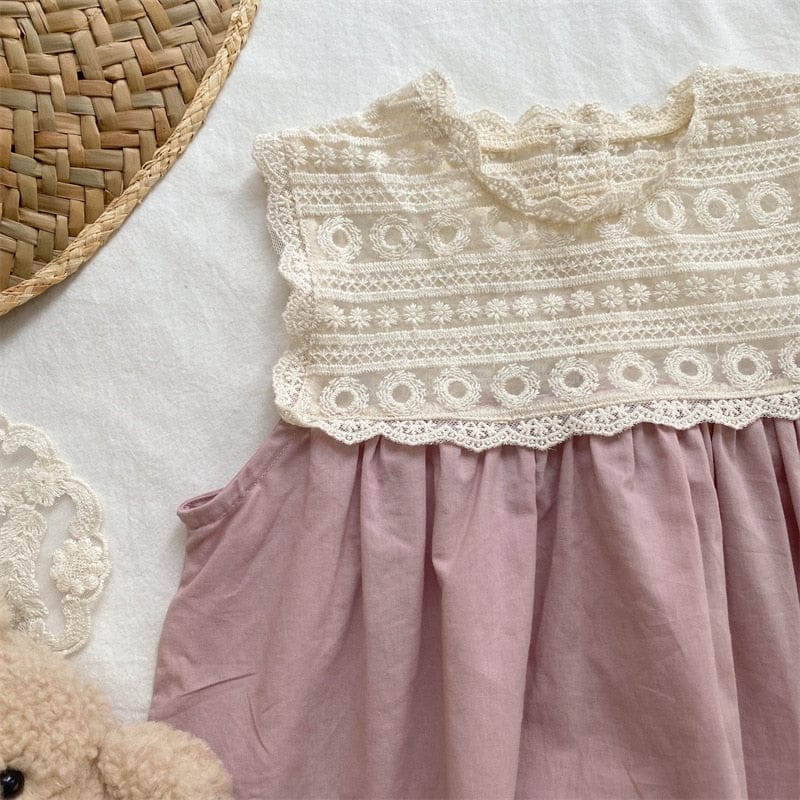 ノースリーブワンピース キッズ フラワー 刺繍 レース ドッキング ノースリーブ ワンピース ピンク ガールズ