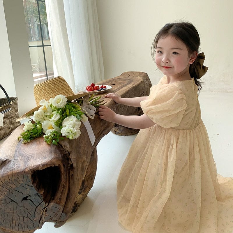 長袖ワンピース キッズ フラワー 小花柄 シフォン 半袖 パフスリーブ サマードレス パーティ ワンピース アプリコット ガールズ