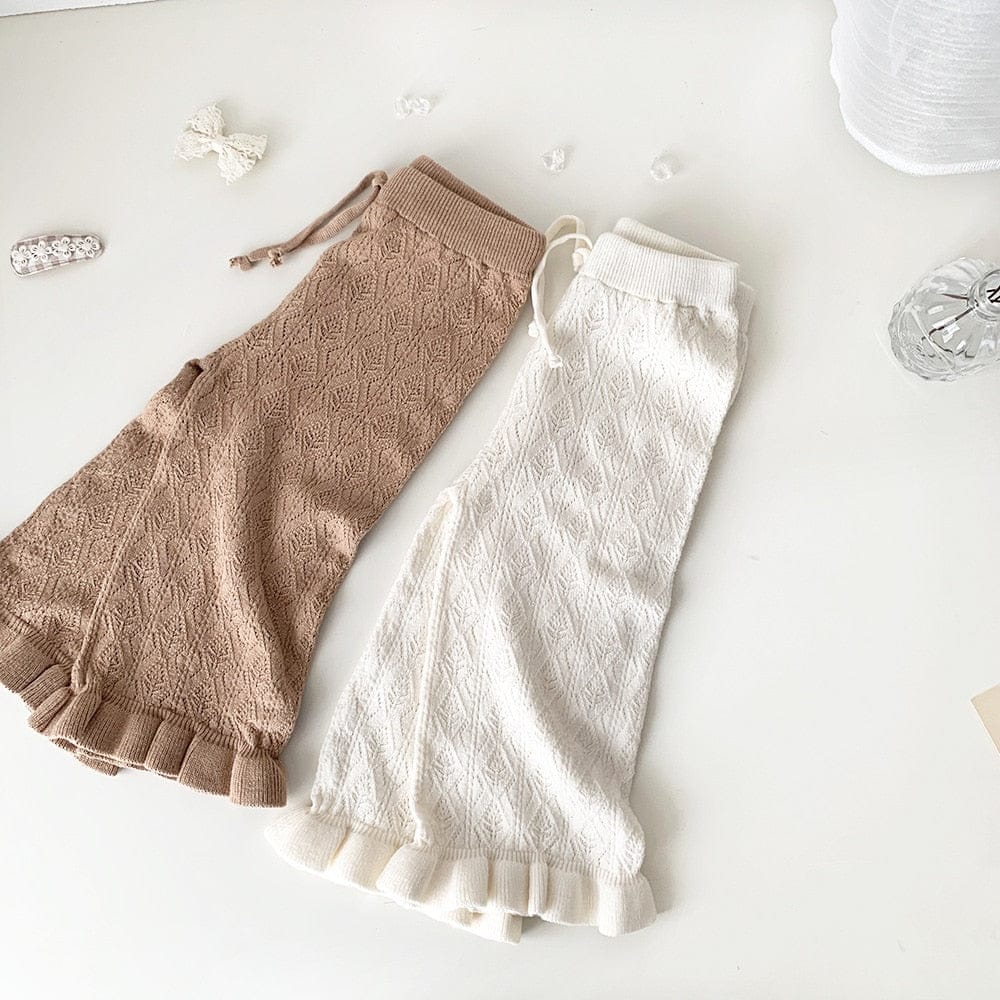 ロングパンツ・スウェットパンツ ベビー キッズ サマー レースニット 透け感 ラッフルフリル ルーズ ワイド パンツ ベージュ キャメルブラウン ガールズ