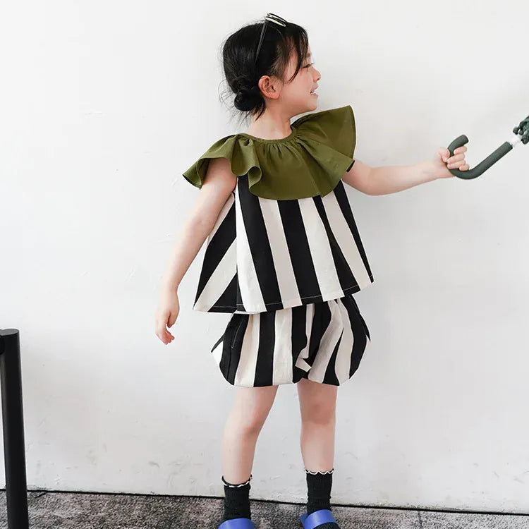 ノースリーブセットアップ キッズ ストライプ セットアップ フリルカラー 半袖 ブラウス バルーン ショートパンツ