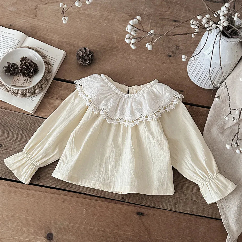 長袖セットアップ 1pcs light yellow / 6-9 Months  73cm ベビートップス/ジャンプスーツ ラッフル襟長袖ブラウス/ショルダーフリルレース刺繍ノースリーブロンパース【mh0008845】