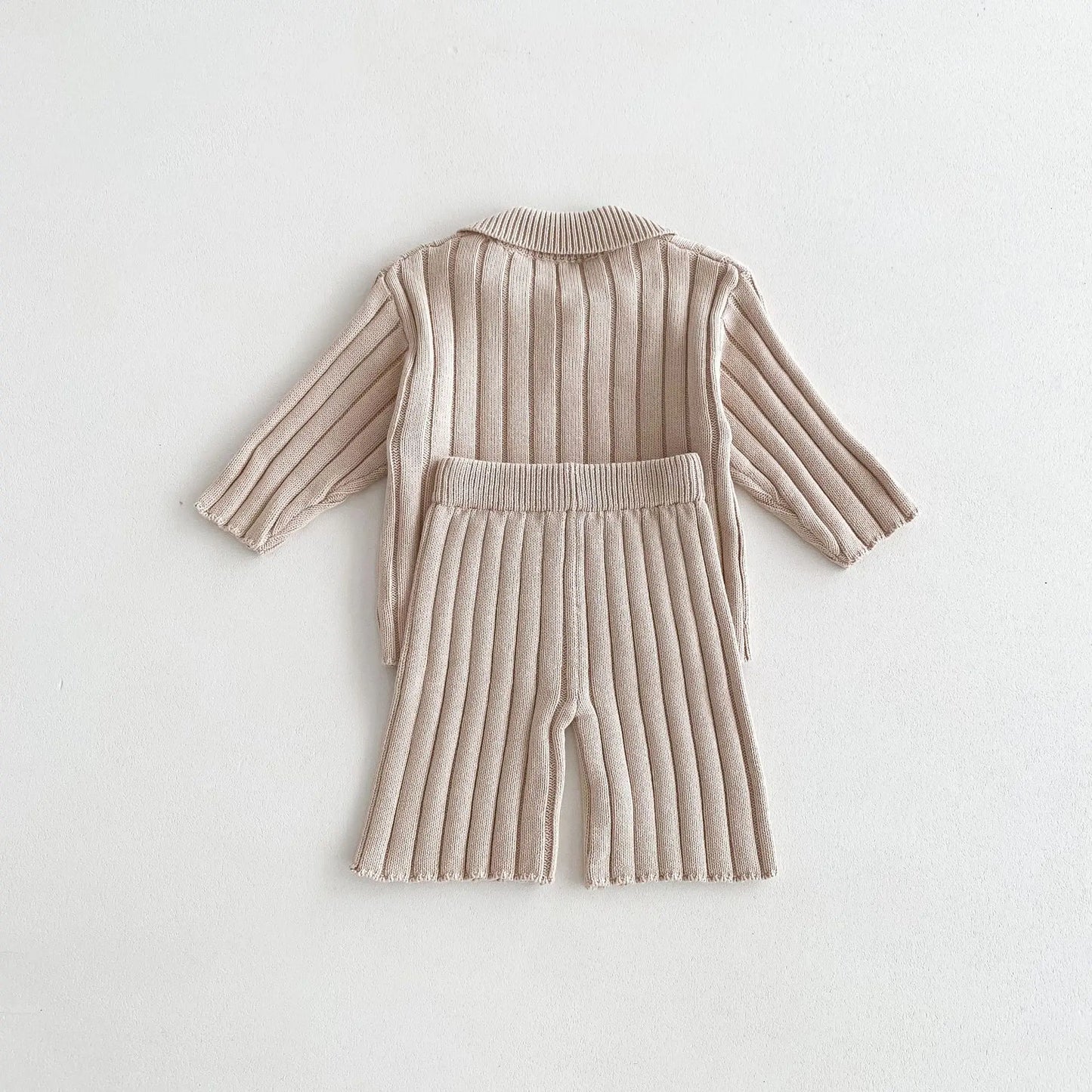 長袖セットアップ キッズトップス/パンツ リブニットポロ襟トップス/リブニットワイドパンツ 2カラー