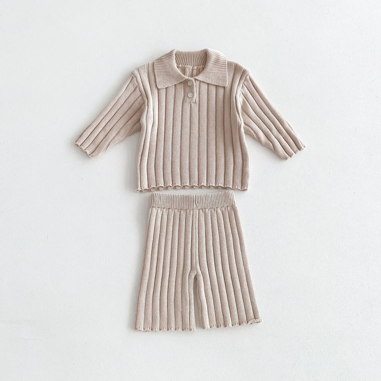 長袖セットアップ キッズトップス/パンツ リブニットポロ襟トップス/リブニットワイドパンツ 2カラー