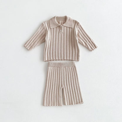 長袖セットアップ キッズトップス/パンツ リブニットポロ襟トップス/リブニットワイドパンツ 2カラー