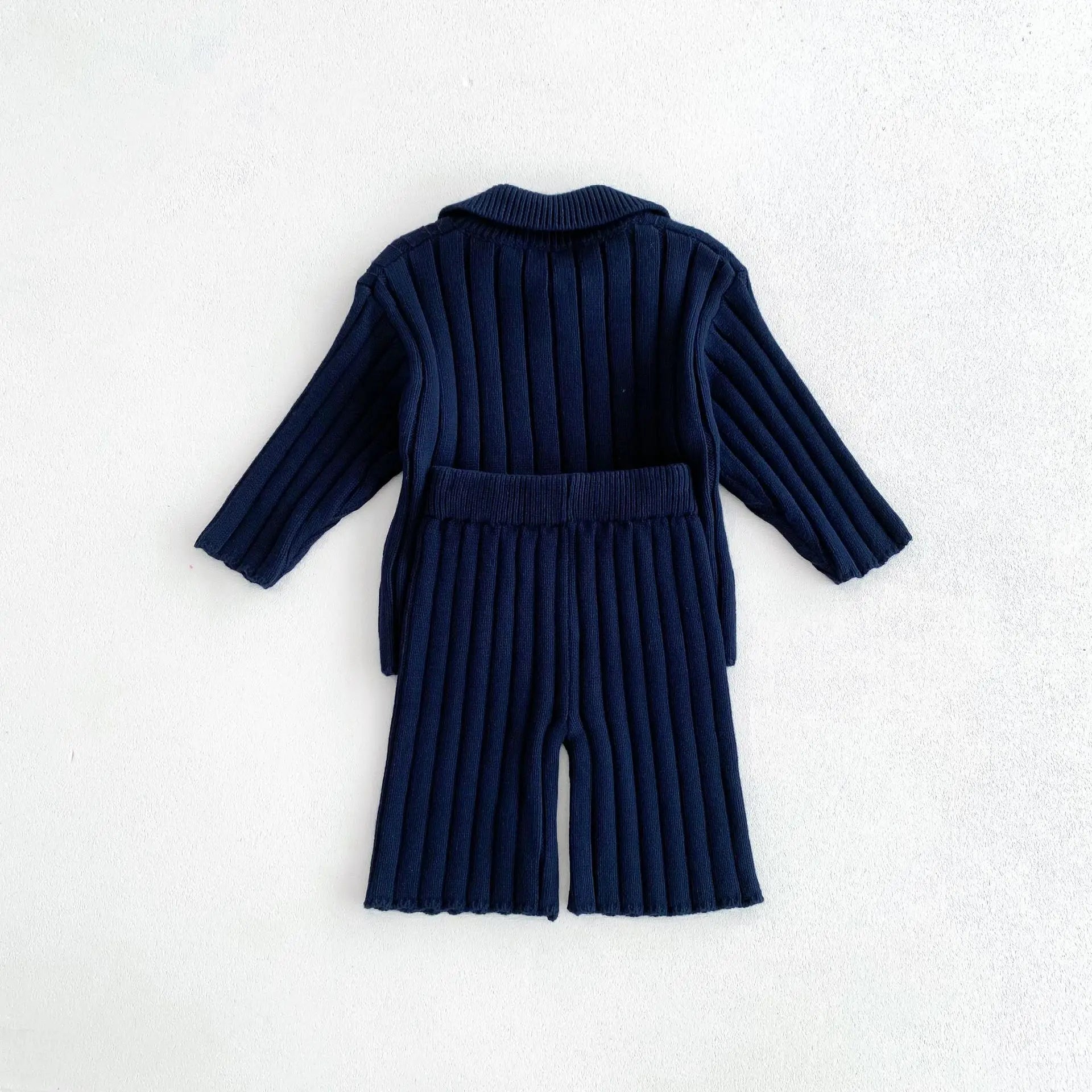 長袖セットアップ キッズトップス/パンツ リブニットポロ襟トップス/リブニットワイドパンツ 2カラー