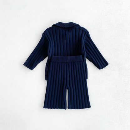 長袖セットアップ キッズトップス/パンツ リブニットポロ襟トップス/リブニットワイドパンツ 2カラー