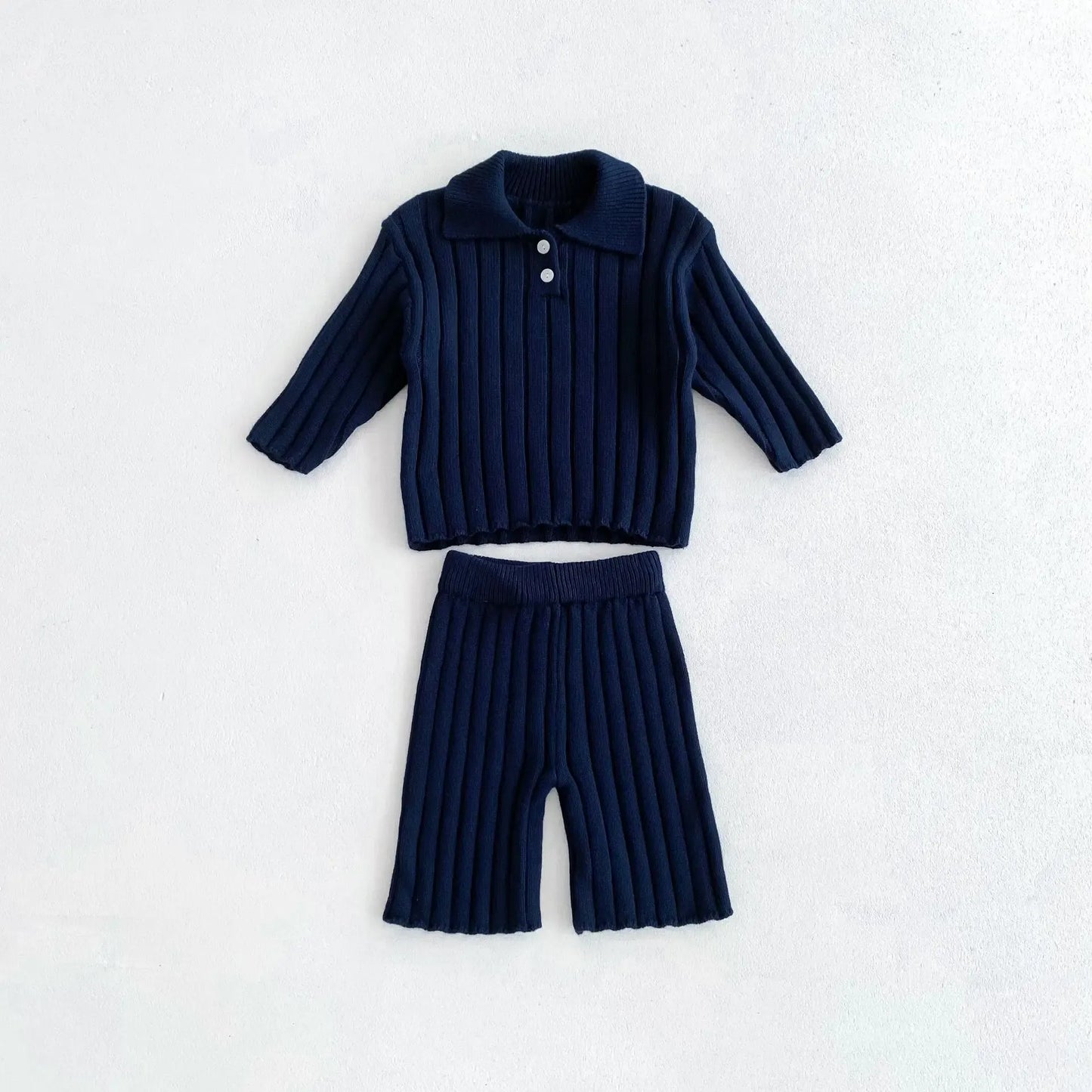 長袖セットアップ キッズトップス/パンツ リブニットポロ襟トップス/リブニットワイドパンツ 2カラー