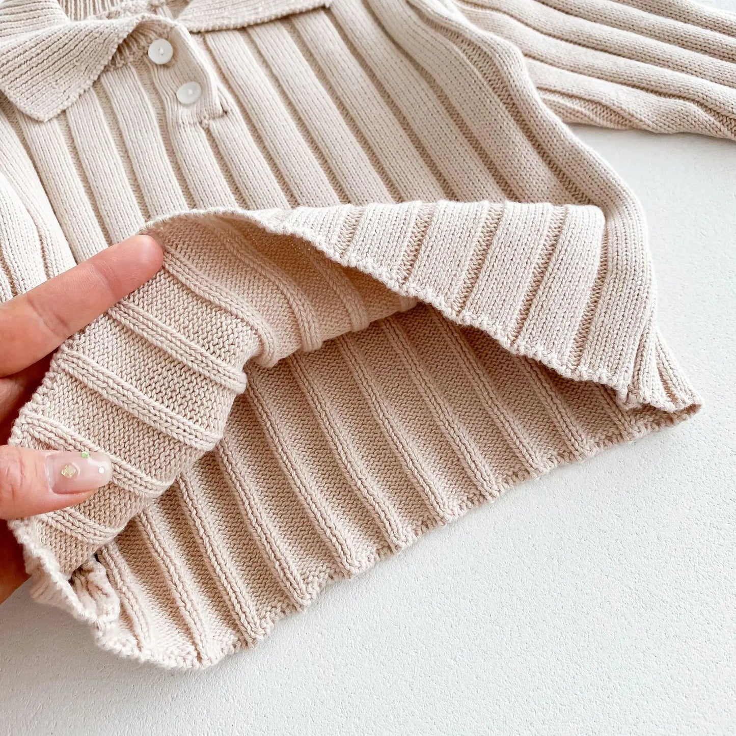 長袖セットアップ キッズトップス/パンツ リブニットポロ襟トップス/リブニットワイドパンツ 2カラー