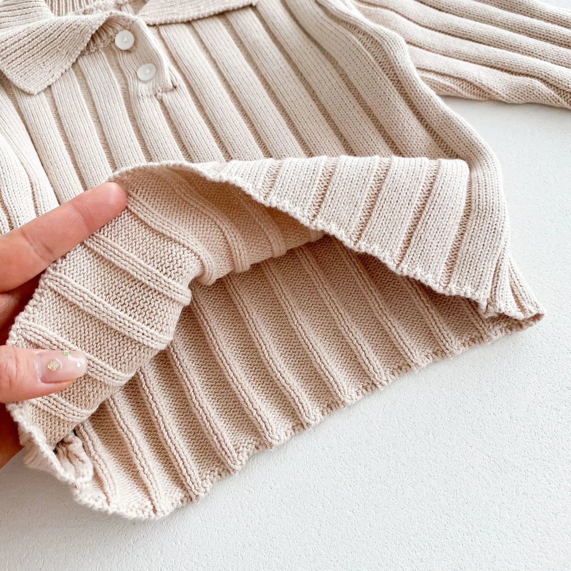 長袖セットアップ キッズトップス/パンツ リブニットポロ襟トップス/リブニットワイドパンツ 2カラー