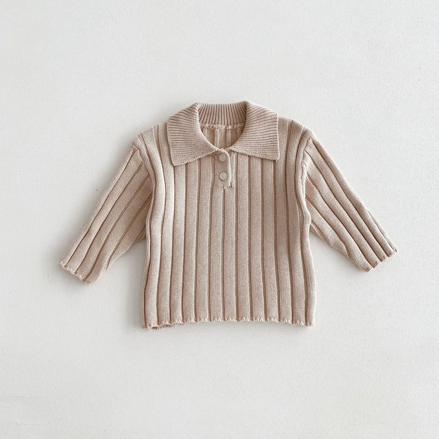 長袖セットアップ キッズトップス/パンツ リブニットポロ襟トップス/リブニットワイドパンツ 2カラー