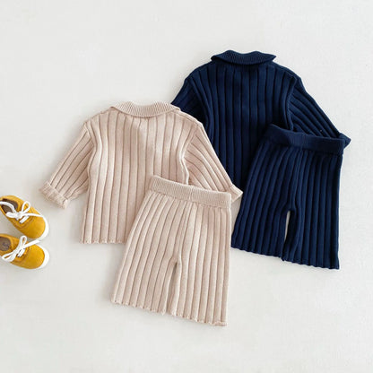 長袖セットアップ キッズトップス/パンツ リブニットポロ襟トップス/リブニットワイドパンツ 2カラー