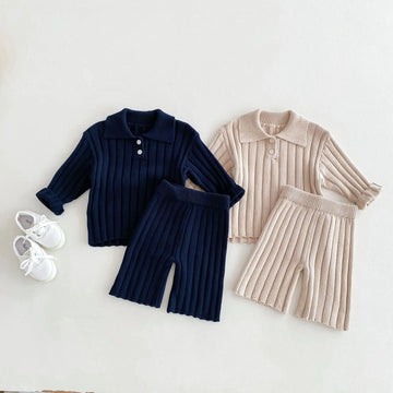 長袖セットアップ キッズトップス/パンツ リブニットポロ襟トップス/リブニットワイドパンツ 2カラー