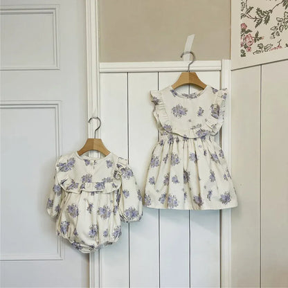 長袖ロンパース ベビーロンパース フラワープリントショルダーフリル長袖コーデュロイボディスーツ 2カラー