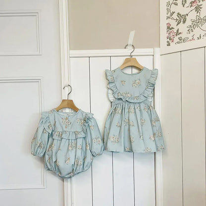 長袖ロンパース ベビーロンパース フラワープリントショルダーフリル長袖コーデュロイボディスーツ 2カラー