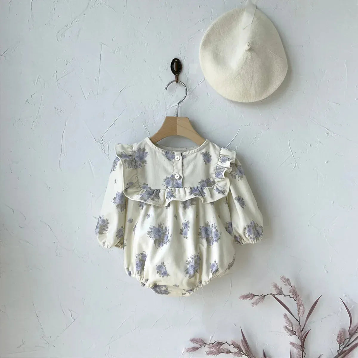 長袖ロンパース ベビーロンパース フラワープリントショルダーフリル長袖コーデュロイボディスーツ 2カラー