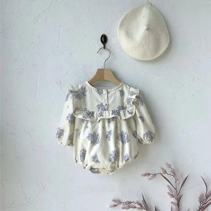 長袖ロンパース ベビーロンパース フラワープリントショルダーフリル長袖コーデュロイボディスーツ 2カラー