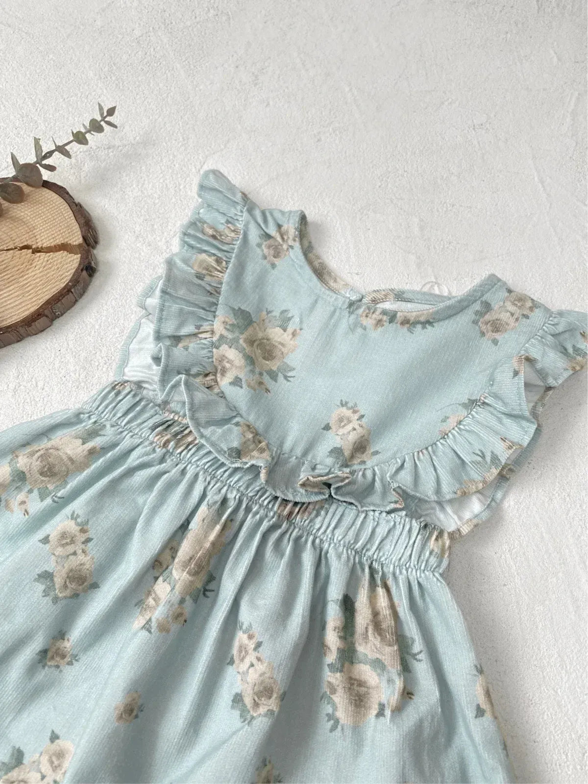 ノースリーブワンピース ベビーワンピース フラワープリントフリルショルダーノースリーブコーデュロイエプロンドレスワンピース 2カラー