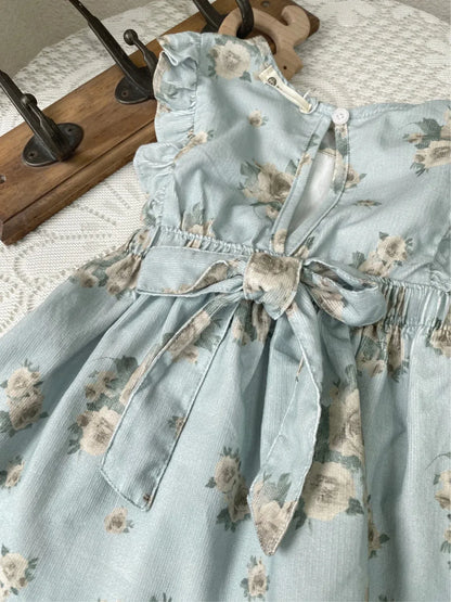 ノースリーブワンピース ベビーワンピース フラワープリントフリルショルダーノースリーブコーデュロイエプロンドレスワンピース 2カラー