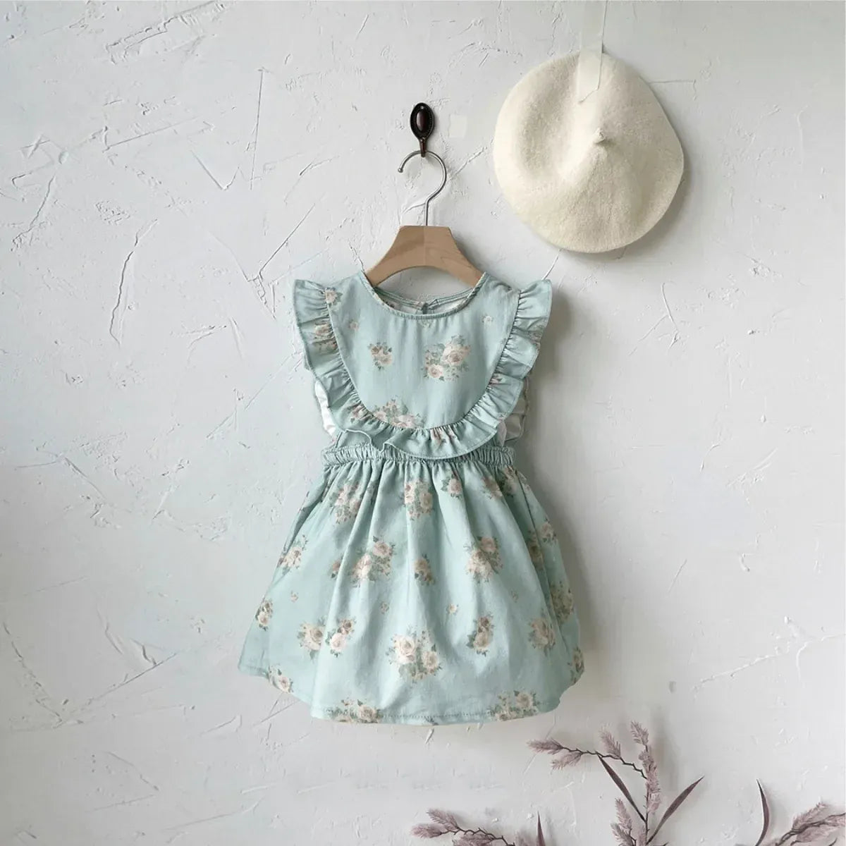 ノースリーブワンピース ベビーワンピース フラワープリントフリルショルダーノースリーブコーデュロイエプロンドレスワンピース 2カラー