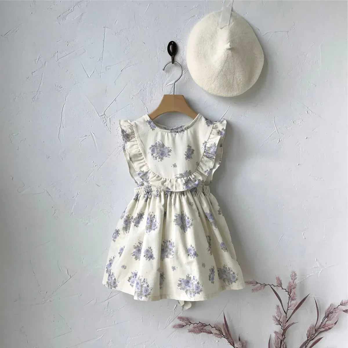 ノースリーブワンピース ベビーワンピース フラワープリントフリルショルダーノースリーブコーデュロイエプロンドレスワンピース 2カラー