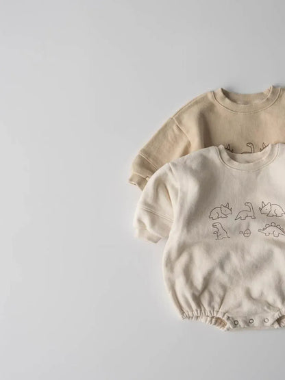 長袖ロンパース ベビーロンパース ダイナソー恐竜プリント長袖ボディスーツ 2カラー