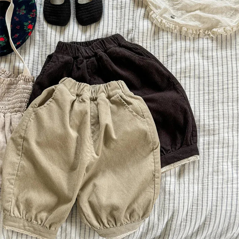 ロングパンツ・スウェットパンツ キッズパンツ コーデュロイ裾レースバルーンパンツ 2カラー