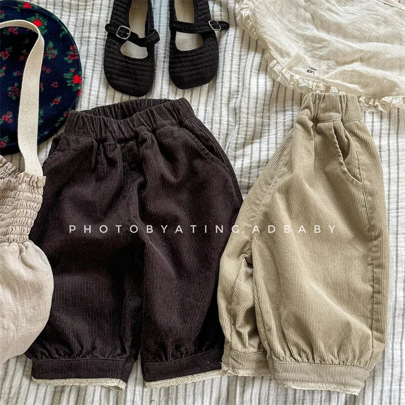 ロングパンツ・スウェットパンツ キッズパンツ コーデュロイ裾レースバルーンパンツ 2カラー