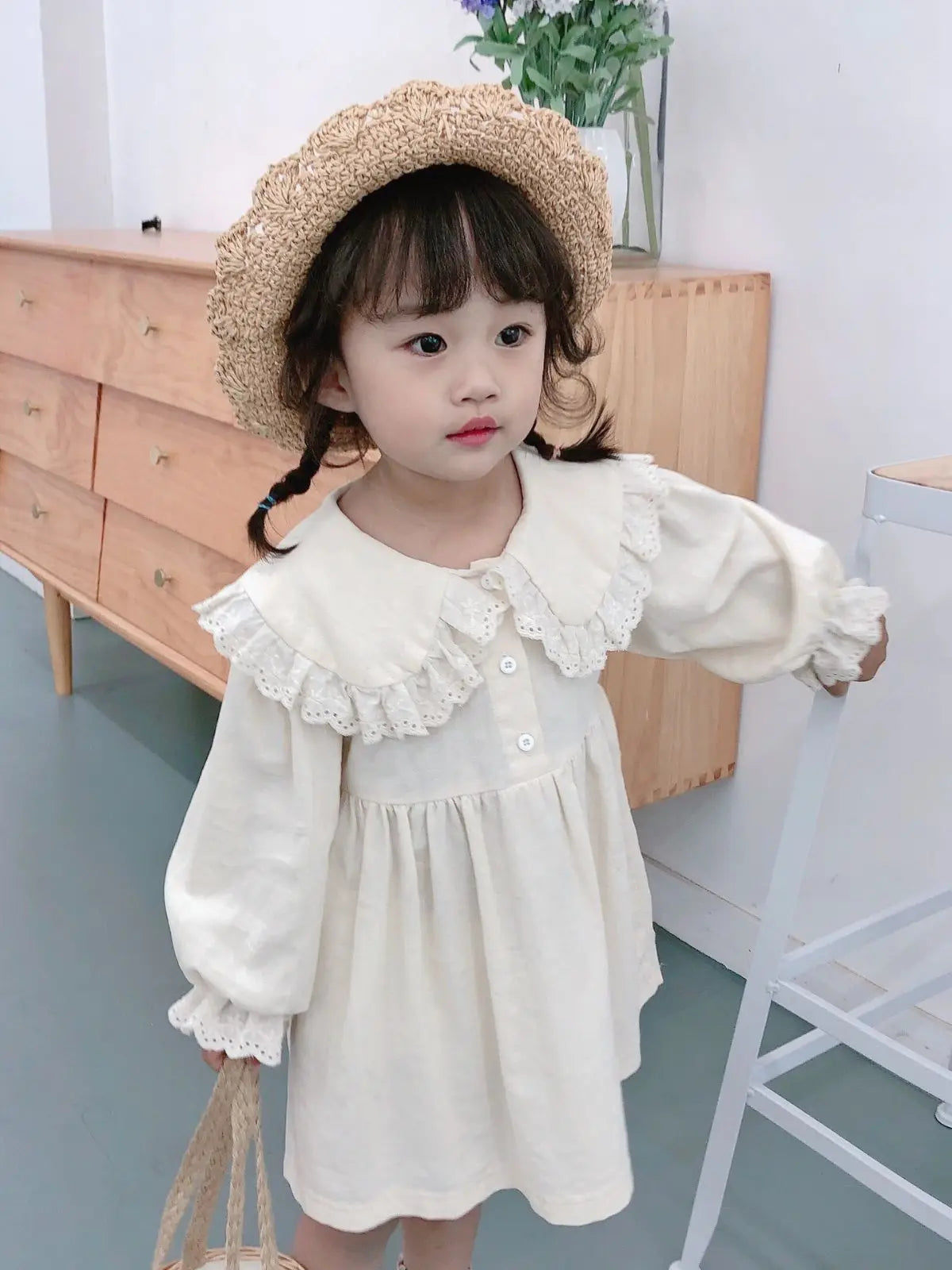 長袖ワンピース キッズワンピース レースフリルビッグ襟長袖ワンピース 2カラー